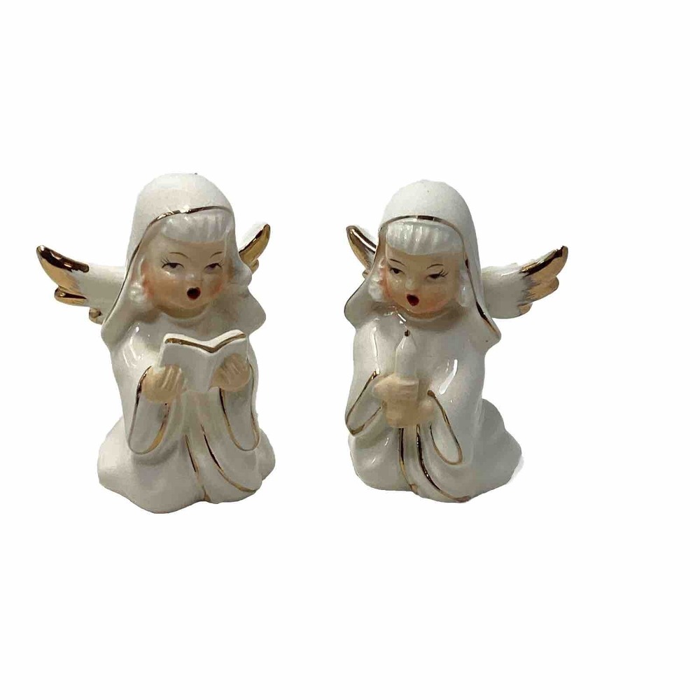 Vintage Napco Kneeling Choir Angels Set Of Two Cream And Gold Japan